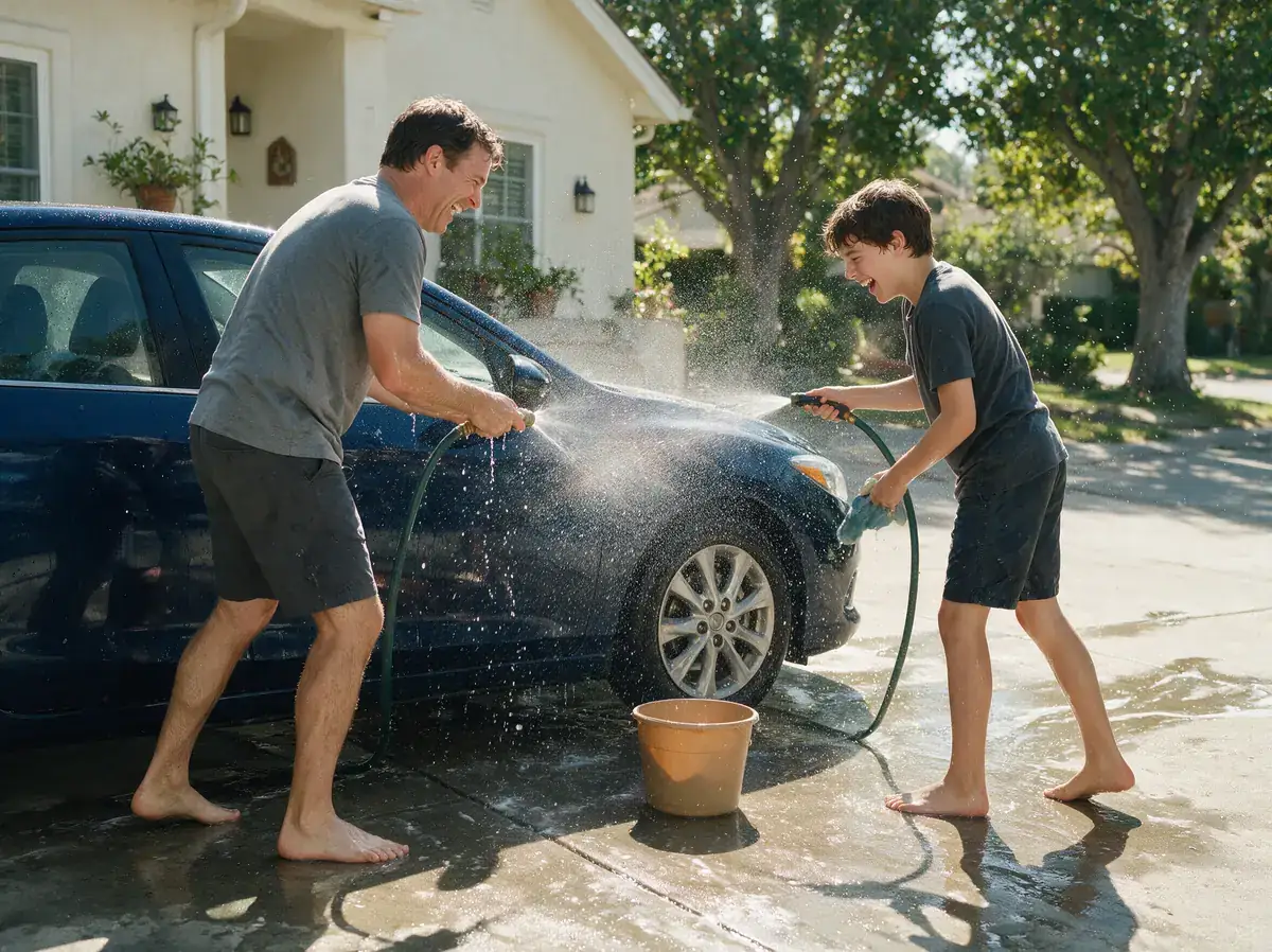 A man and his teenage son wash a car together in a driveway on a bright Saturday morning, sleeves wet...