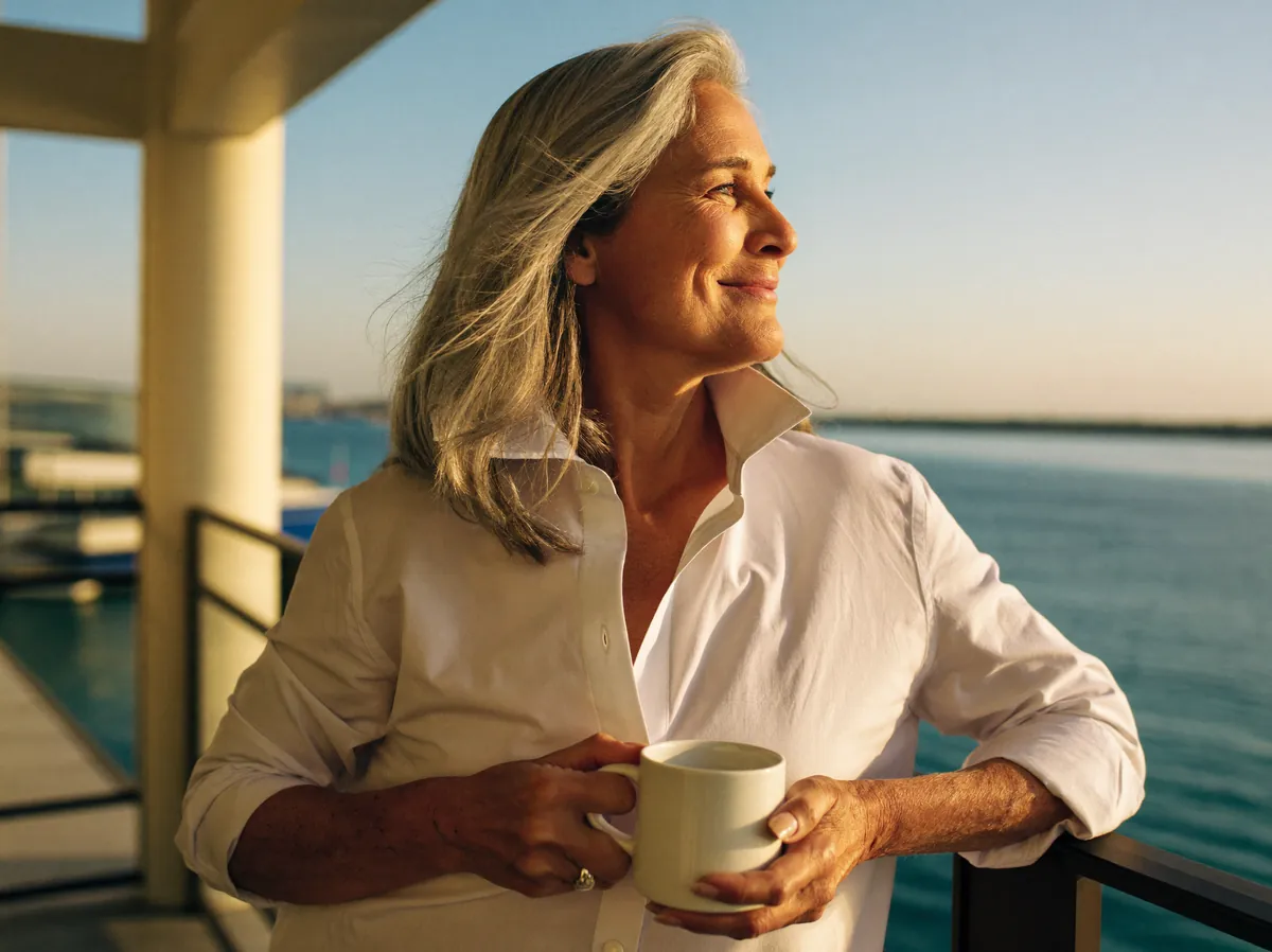 A vibrant silver-haired woman in her early sixties stands at a marina balcony at golden hour, coffee in hand, looking out over the water